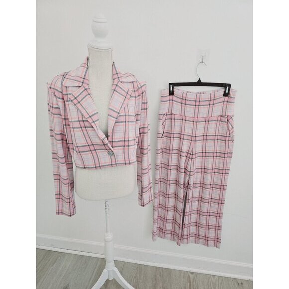 Cabi Playdate Pink Purple Plaid Crop Jacket Wide Leg Pants Outfit Set Size M - Picture 3 of 14